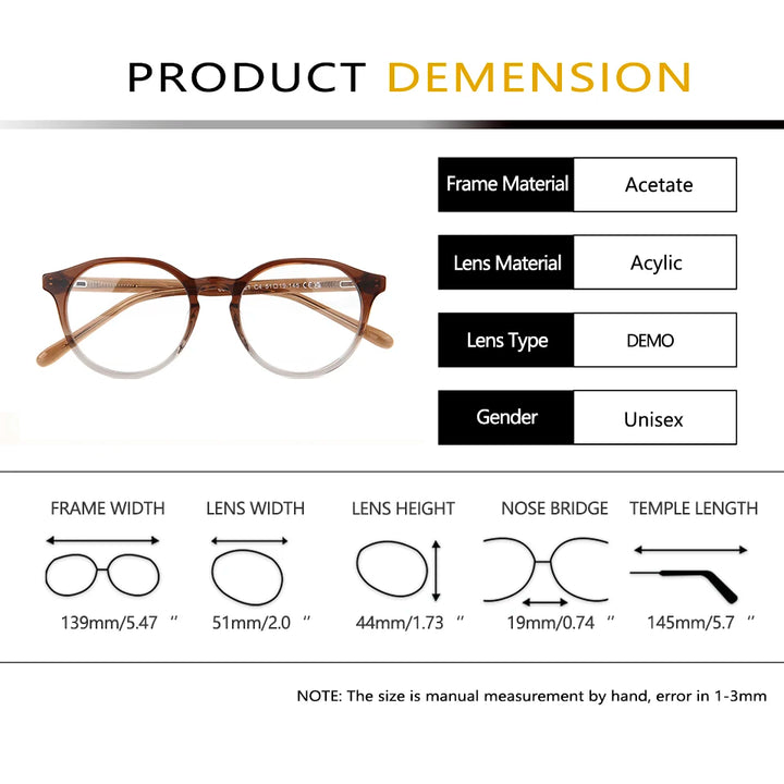 Esnbie Unisex Full Rim Round Acetate Eyeglasses 602-SA221