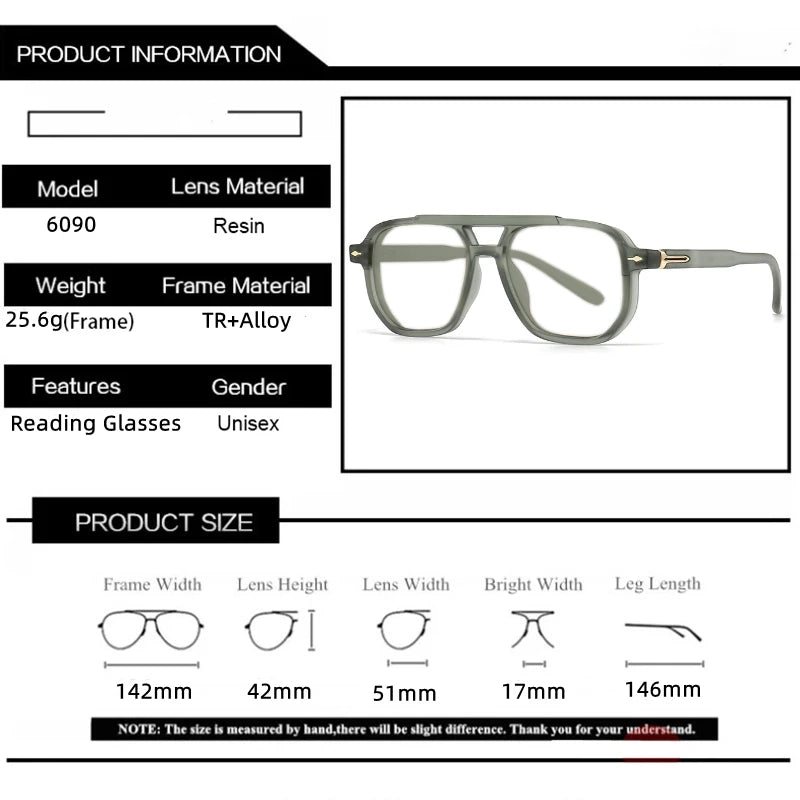 Kocolior Unisex Full Rim Square Double Bridge Tr 90 Photochromic Reading Glasses 60904