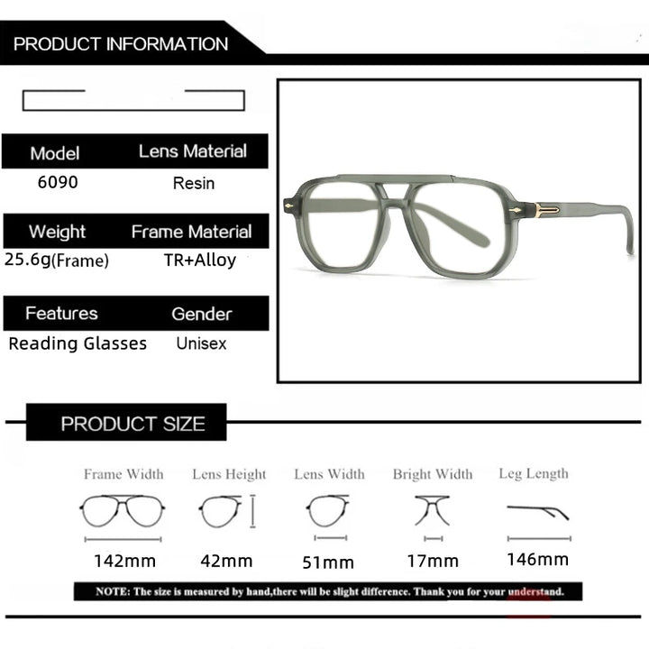 Kocolior Unisex Full Rim Square Double Bridge Tr 90 Photochromic Reading Glasses 60904