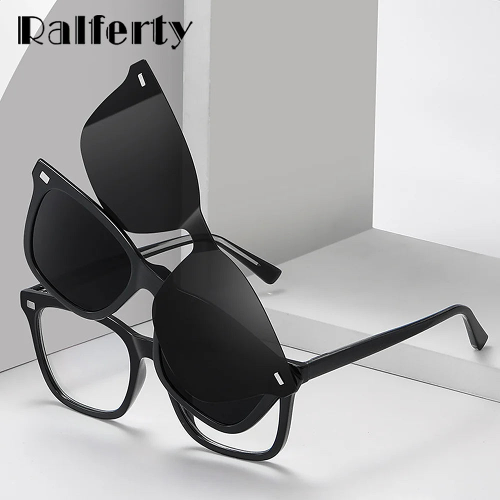 Ralferty Men's Full Rim Square Tr 90 Eyeglasses Clip On Sunglasses 97756 Full Rim Ralferty