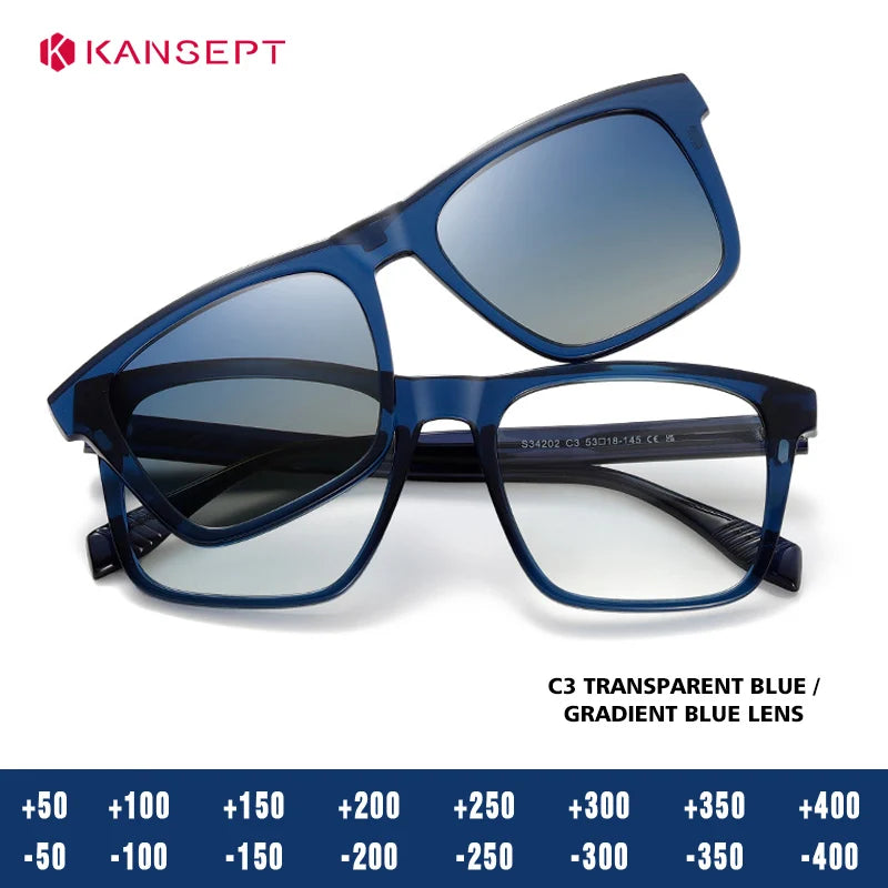 Kansept Unisex Full Rim Square Tr 90 Alloy Reading Glasses Clip On Sunglasses 34202