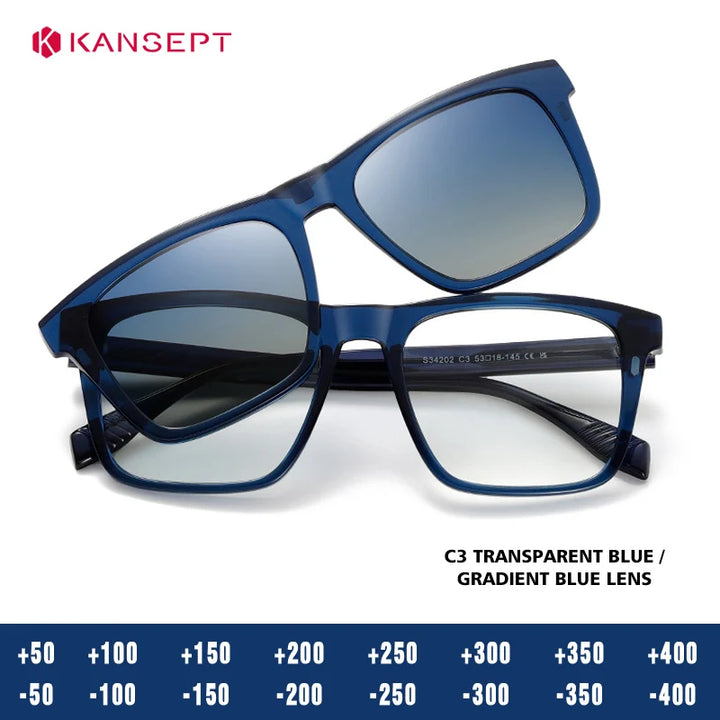 Kansept Unisex Full Rim Square Tr 90 Alloy Reading Glasses Clip On Sunglasses 34202
