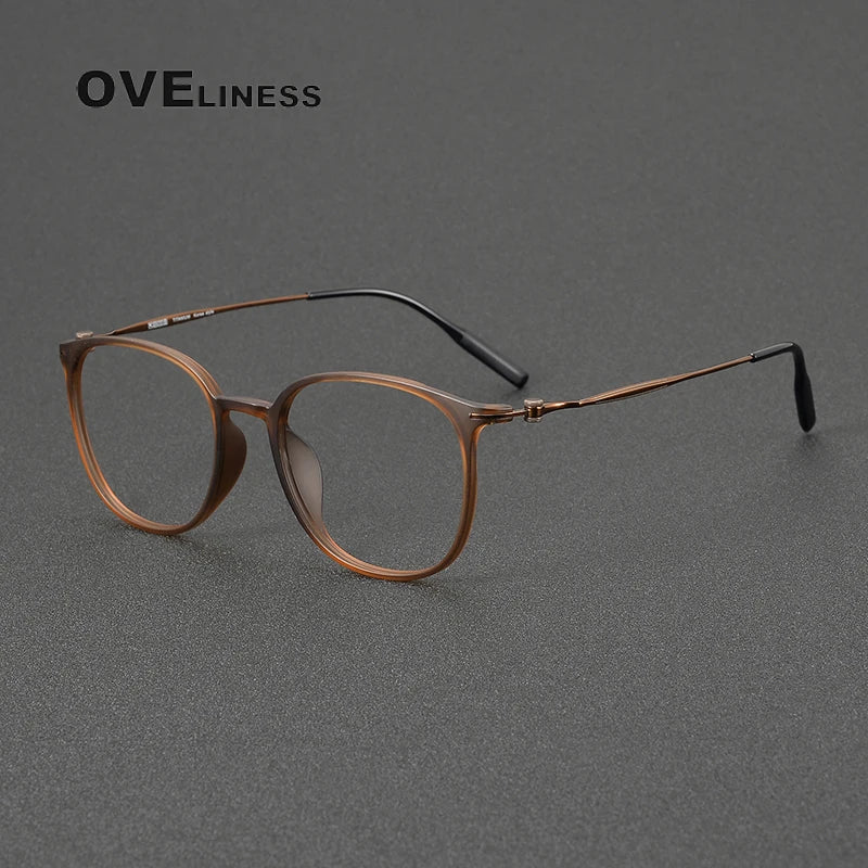 Oveliness Unisex Full Rim Oval Square Acetate Titanium Eyeglasses 8663 Full Rim Oveliness tea brown  