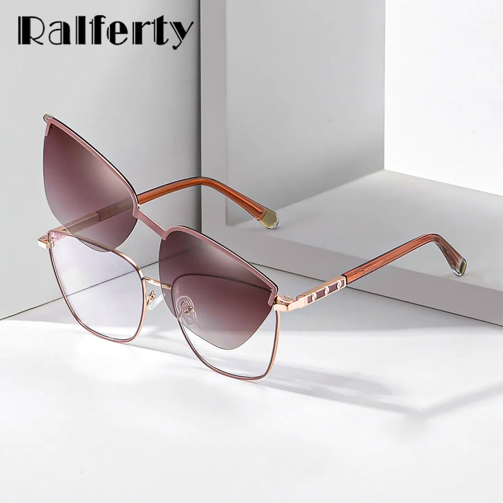 Ralferty Women's Full Rim Square Alloy Eyeglasses Clip On Sunglasses 85009