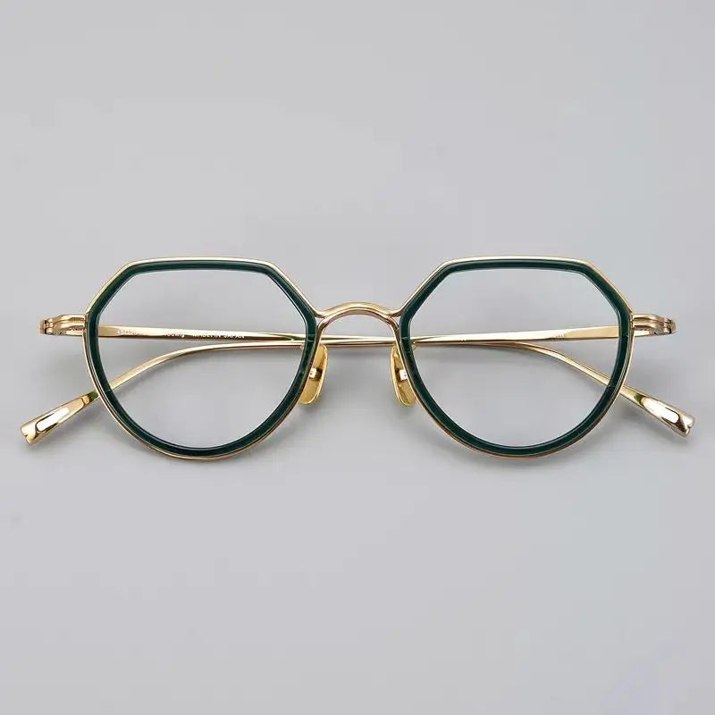 Hewei Unisex Full Rim Flat Top Round Acetate Alloy Eyeglasses 422420 Full Rim Hewei gold green  