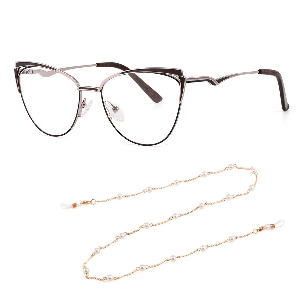 Laoyehui Women's Full Rim Cat Eye Alloy Presbyopic Reading Glasses Glr8577 Reading Glasses Laoyehui 0(NO BLUE LIGHT) C2 gold With Chains 