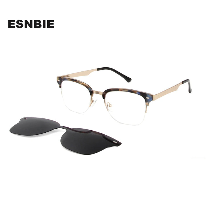 Esnbie Unisex Full Rim Square Alloy Eyeglasses Clip On Sunglasses 718061