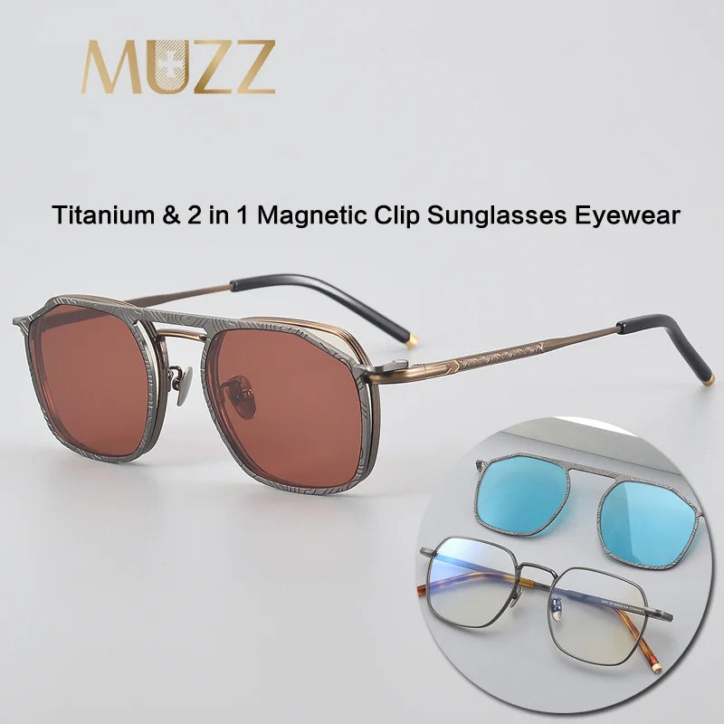 Muzz Unisex Full Rim Square Titanium Eyeglasses Clip On Sunglasses 44195 With Clip Ons Muzz   