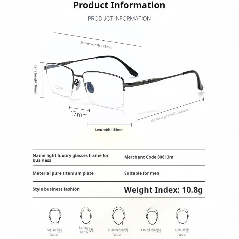 Yimaruili Men's Semi Rim Square Titanium Alloy Eyeglasses 80813