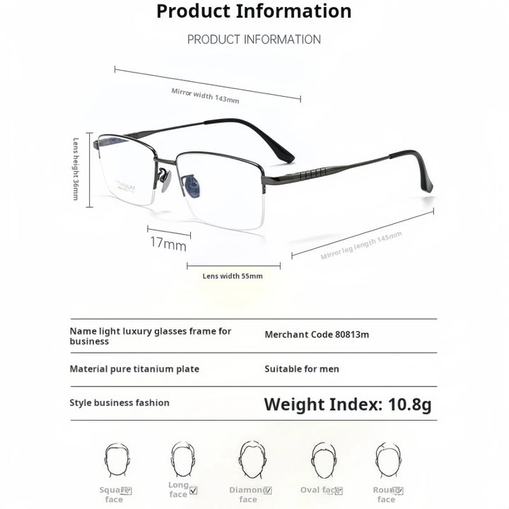 Yimaruili Men's Semi Rim Square Titanium Alloy Eyeglasses 80813