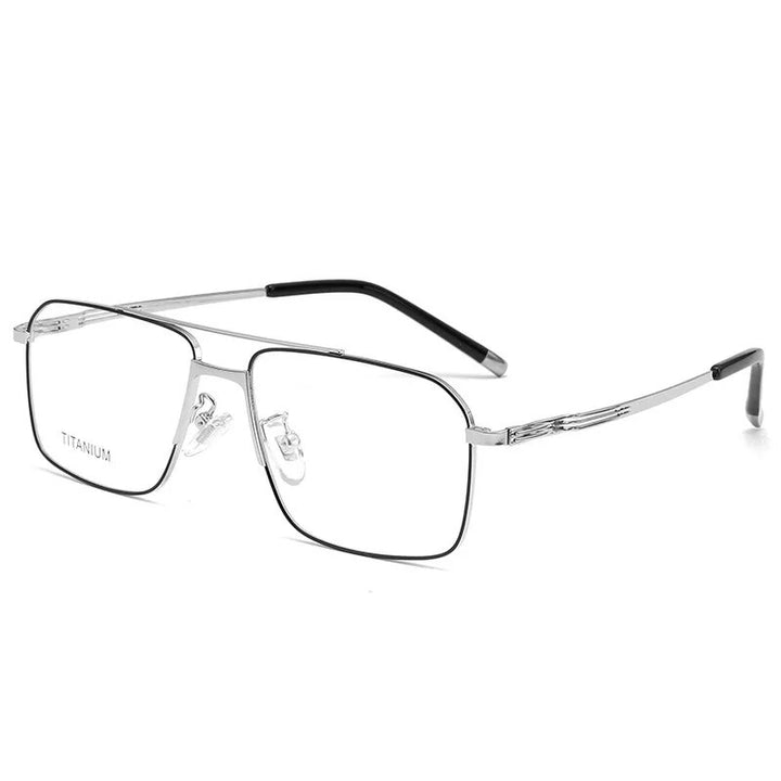 KatKani Men's Full Rim Polygon Double Bridge Titanium Eyeglasses 90069 Full Rim KatKani Eyeglasses Black Silver  