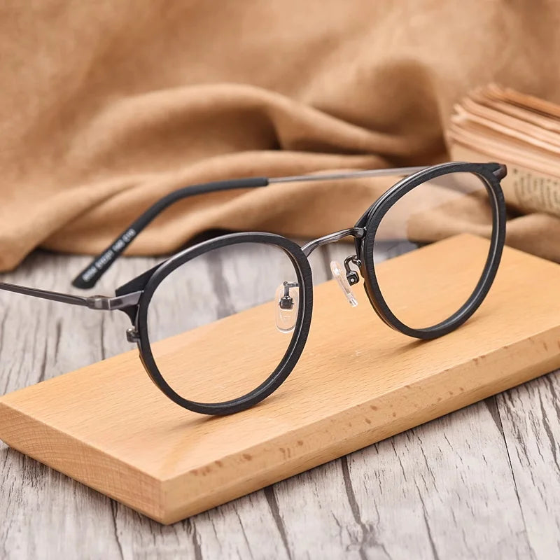 Hdcrafter Women's Full Rim Round Wood Titanium Eyeglasses 98094