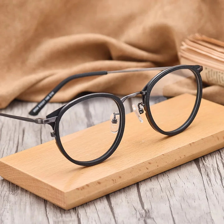 Hdcrafter Women's Full Rim Round Wood Titanium Eyeglasses 98094