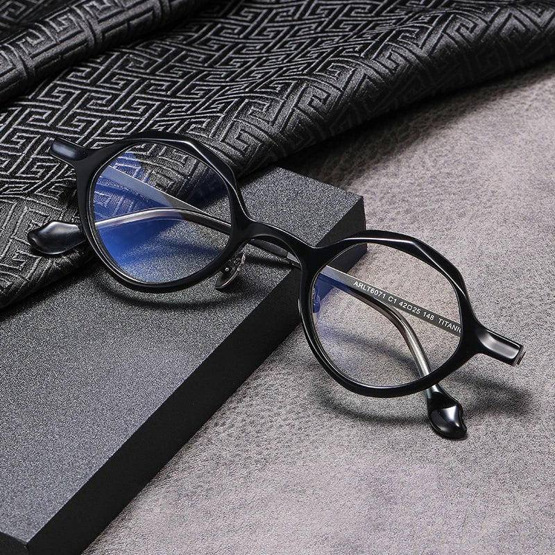 Black Mask Unisex Full Rim Round Acetate Titanium Eyeglasses 326071