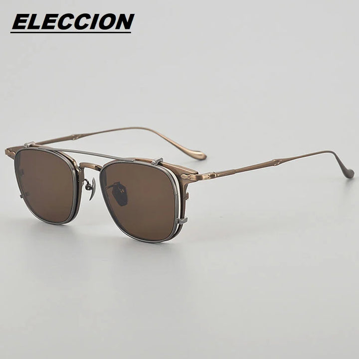 Eleccion Men's Full Rim Big Square Titanium Eyeglasses Clip On Sunglasses 93111