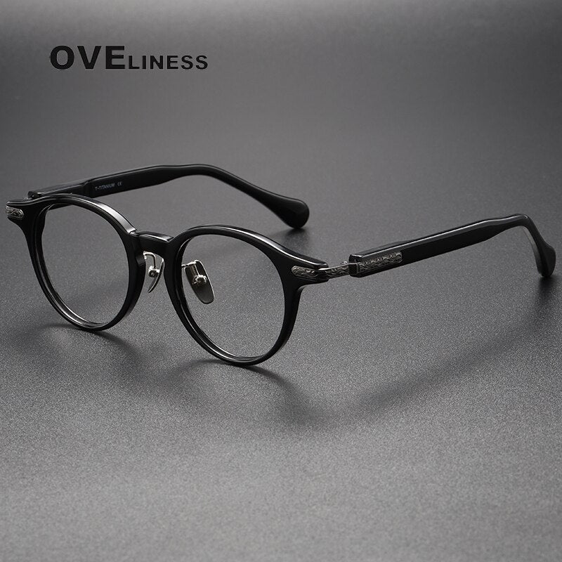 Oveliness Unisex Full Rim Round Acetate Titanium Eyeglasses 80853 Full Rim Oveliness black gun  