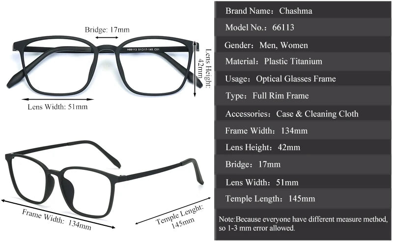 Chashma Women's Full Rim Square Tr 90 Ultem Titanium Eyeglasses 66113