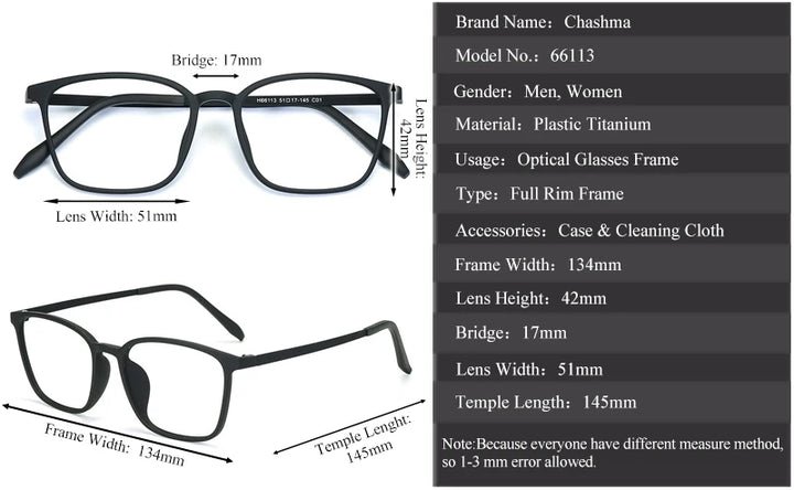 Chashma Women's Full Rim Square Tr 90 Ultem Titanium Eyeglasses 66113