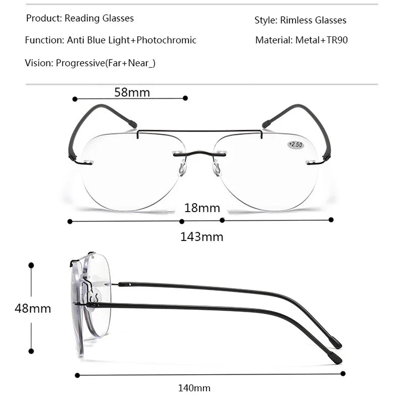 Hdcrafter Unisex Rimless Oval Double Bridge Titanium Alloy Photochromic Reading Glasses 9002