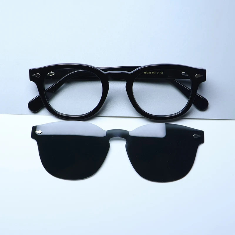 Gatenac Unisex Full Rim Round Acetate Eyeglasses Polarized Clip On Sunglasses 1145  FuzWeb  Black Gray  