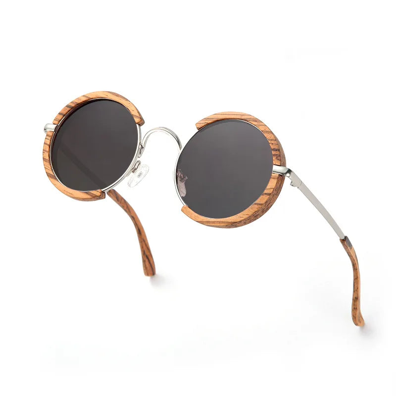 Hdcrafter Unisex Full Rim Round Wood Alloy Polarized Sunglasses 56407 Sunglasses HdCrafter Sunglasses grey  