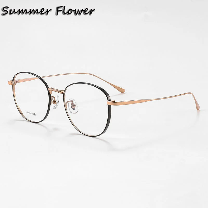 Summer Flower Women's Full Rim Oval Round Titanium Eyeglasses 87018 Full Rim Summer Flower Black Gold