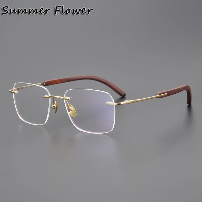 Summer Flower Unisex Rimless Square Titanium Wood Eyeglasses 84246