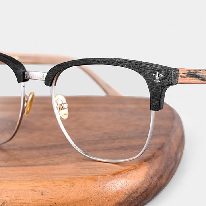 Hdcrafter Men's Full Rim Wide Square Wood Alloy Eyeglasses Jkk042 Full Rim Hdcrafter Eyeglasses   