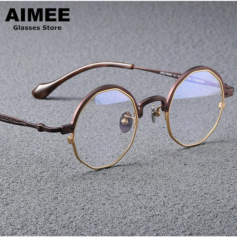 Aimee Unisex Full Rim Round Polygon Titanium Eyeglasses 6067 Full Rim Aimee Brown  