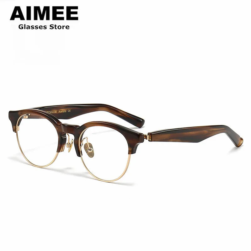 Aimee Unisex Full Rim Round Titanium Acetate Eyeglasses 1392 Full Rim Aimee Linen-Golden  