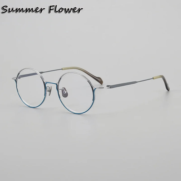 Summer Flower Unisex Full Rim Round Acetate Titanium Eyeglasses 24002 Full Rim Summer Flower Silver Blue