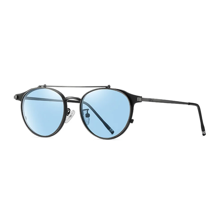 Ralferty Men's Full Rim Round Alloy Eyeglasses Flip Up Sunglasses R702 With Clip Ons Ralferty C4 Gun - Blue CHINA 