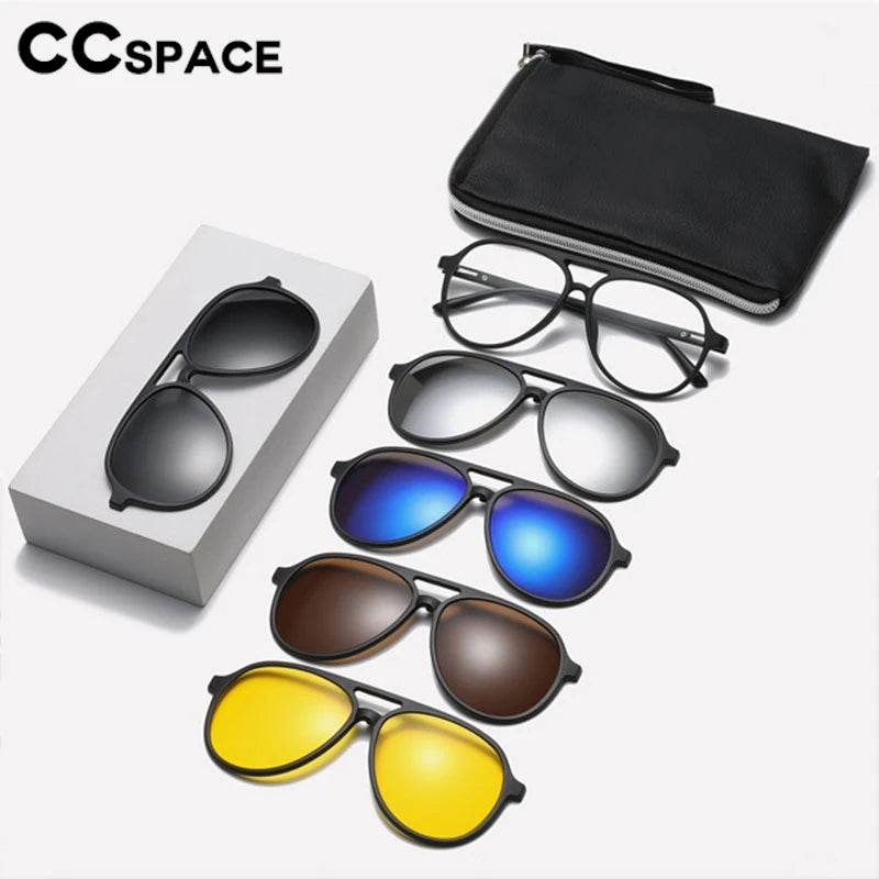 CCspace Unisex Full Rim Oval Tr 90 Titanium Eyeglasses Clip On Polarized Sunglasses 3980 With Clip Ons CCSpace   