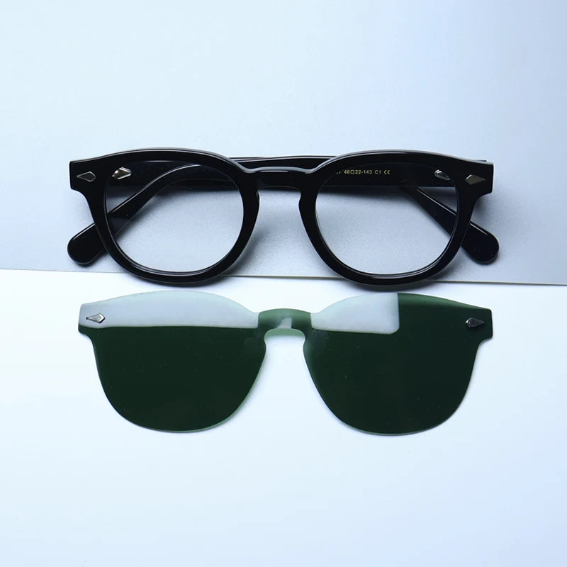 Gatenac Unisex Full Rim Round Acetate Eyeglasses Polarized Clip On Sunglasses 1145  FuzWeb  Black Green  