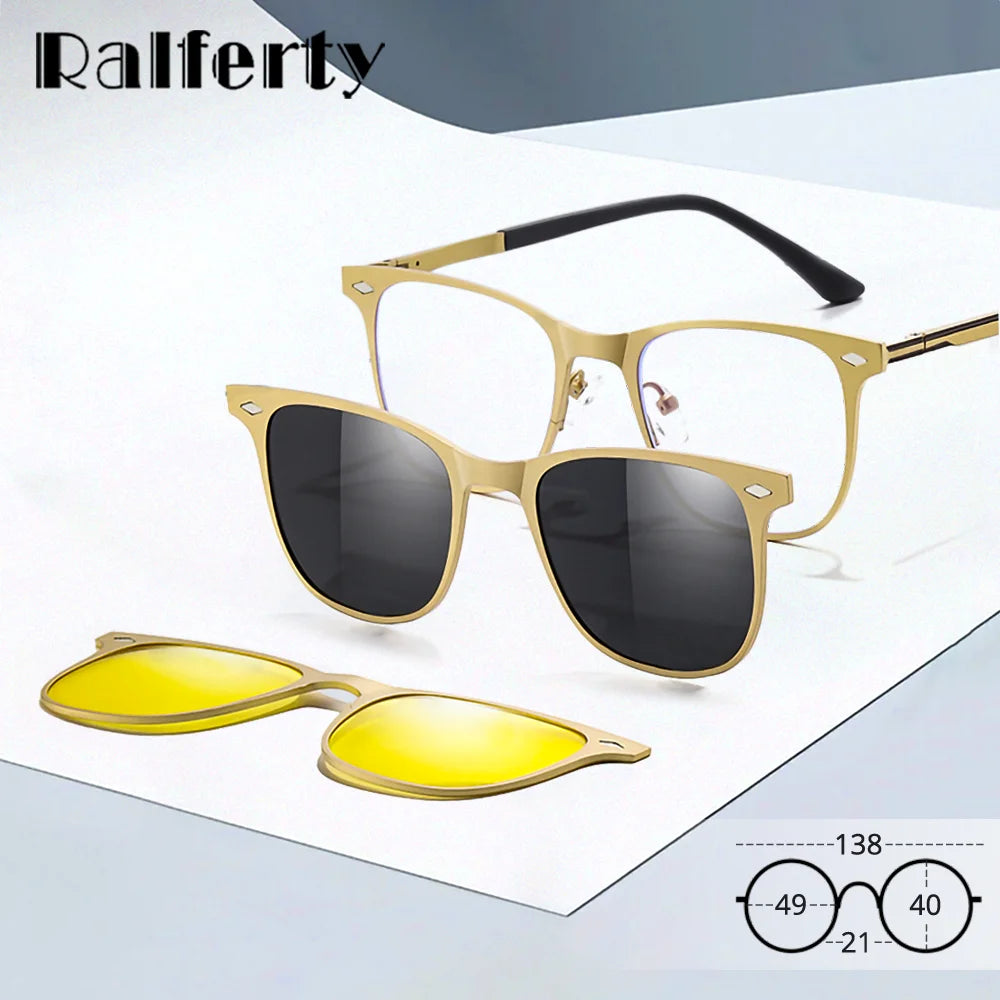 Ralferty Women's Full Rim Square Al Mg Eyeglasses Clip On Sunglasses 517038