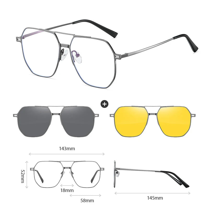 Hdcrafter Women's Full Rim Square Double Bridge Titanium Tr 90 Eyeglasses Clip On Sunglasses 414819