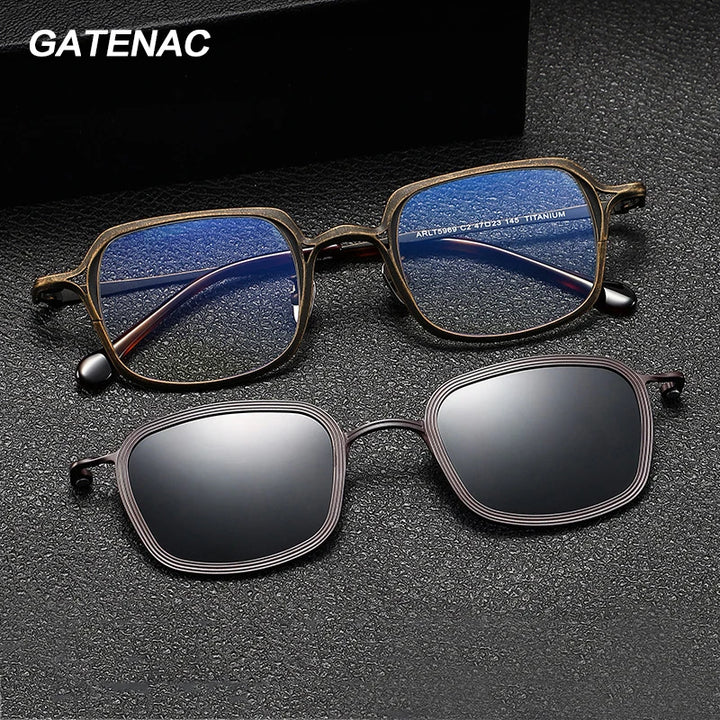 Gatenac Unisex Full Rim Square Titanium Eyeglasses Clip On Polarized Sunglasses Gxyj1463 With Clip Ons Gatenac   