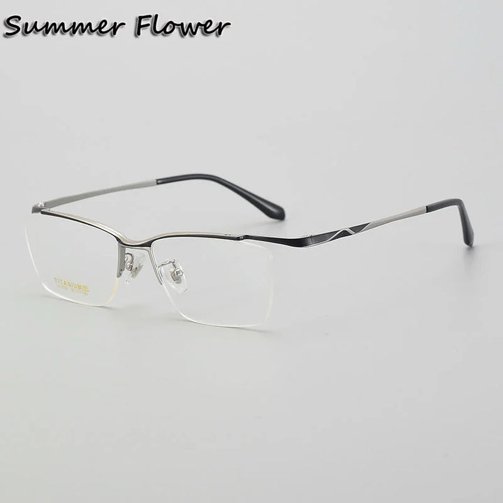 Summer Flower Unisex Semi Rim Square Brow Line Titanium Eyeglasses 86101 Semi Rim Summer Flower Black Silver