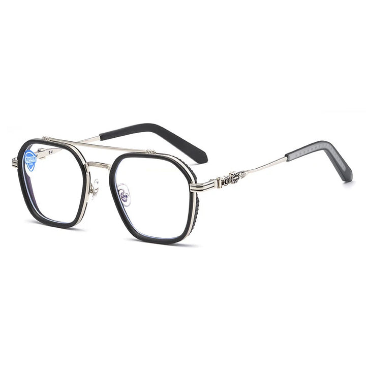Hdcrafter Mens Full Rim Double Bridge Square Titanium Eyeglasses 82056 Full Rim Hdcrafter Eyeglasses Silver  