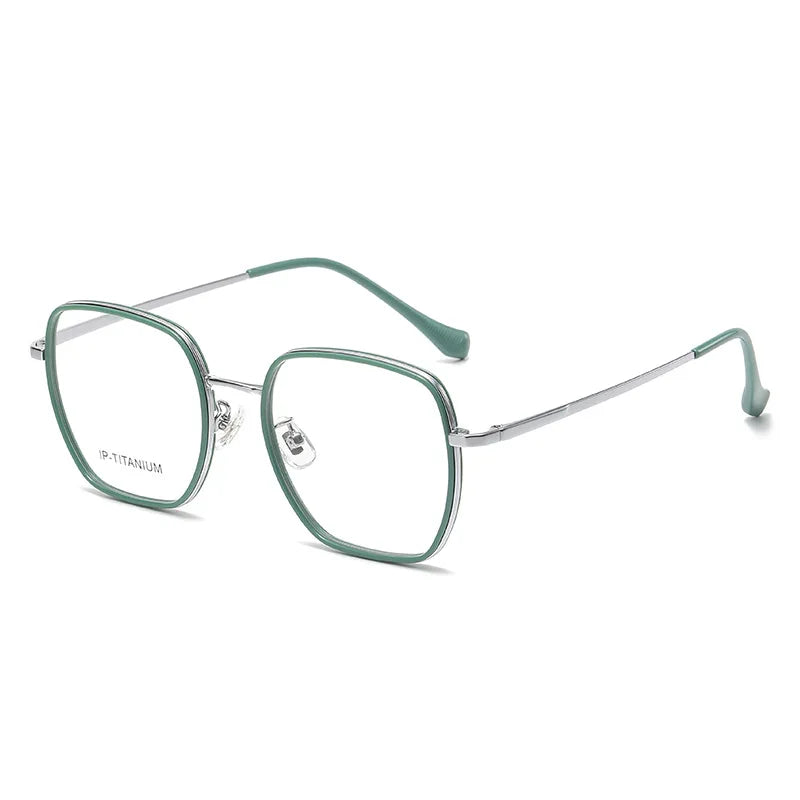 KatKani Women's Full Rim Polygon Tr 90 Titanium Eyeglasses 95033 Full Rim KatKani Eyeglasses Green Silver  