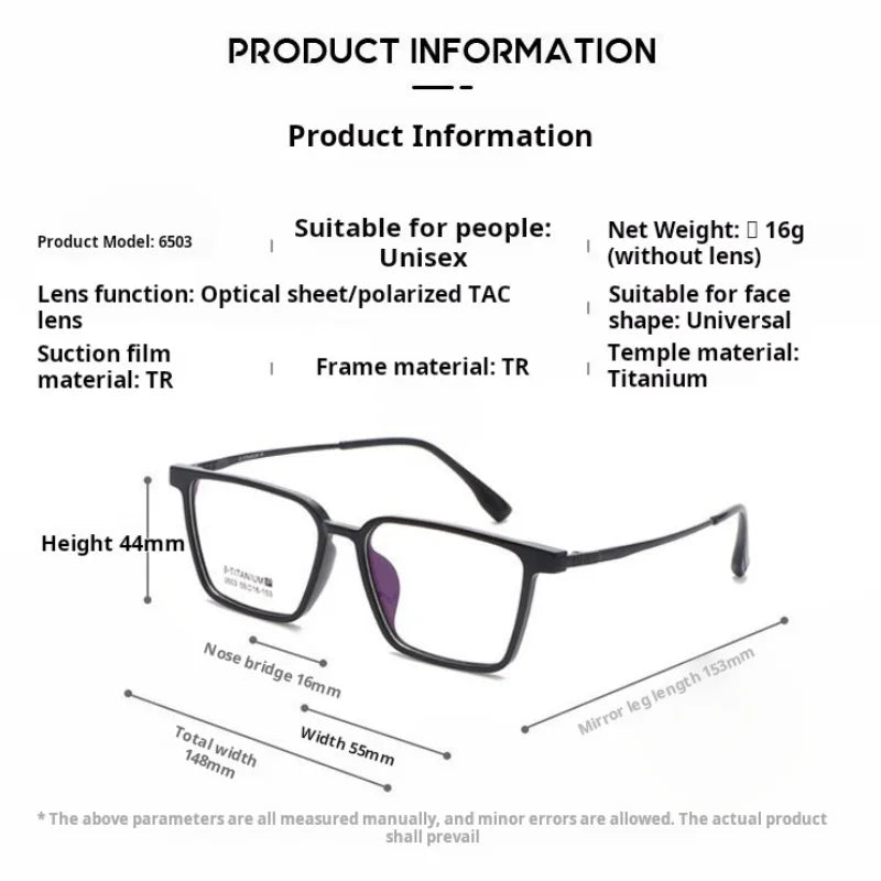 Yimaruili Men's Full Rim Square Titanium Tr 90 Eyeglasses Clip On Sunglasses 65031