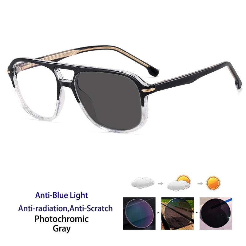 Kocolior Unisex Full Rim Square Double Bridge Tr 90 Titanium Photochromic Reading Glasses 821206