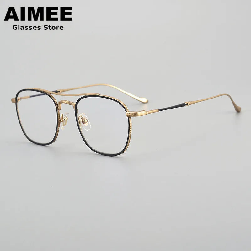 Aimee Unisex Full Rim Square Double Bridge Titanium Eyeglasses 5925 Full Rim Aimee Black-Golden  