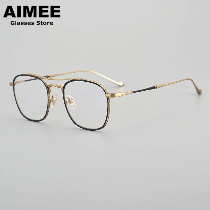 Aimee Unisex Full Rim Square Double Bridge Titanium Eyeglasses 5925 Full Rim Aimee Black-Golden  