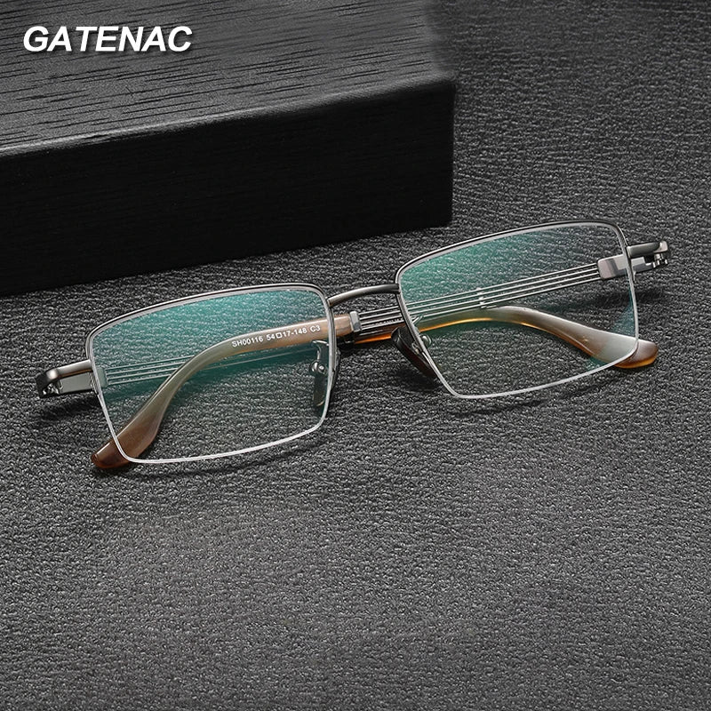 Gatenac Men's Semi Rim Square Titanium Horn Temple Eyeglasses Gxyj1498 Semi Rim Gatenac   