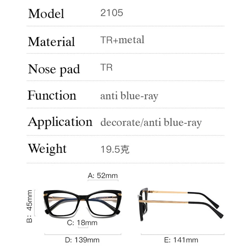 Hotony Women's Full Rim Square Cat Eye Tr 90 Alloy Eyeglasses 62105