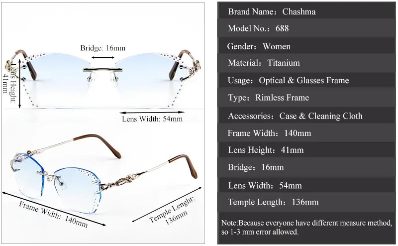 Chashma Ochki Women's Rimless Butterfly Oval Titanium Eyeglasses 80362