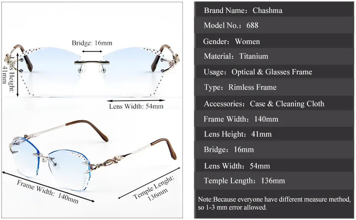 Chashma Ochki Women's Rimless Butterfly Oval Titanium Eyeglasses 80362
