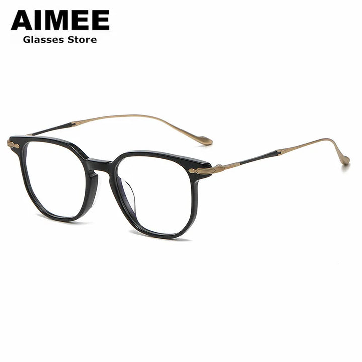 Aimee Unisex Full Rim Round Square Titanium Acetate Eyeglasses 5887 Full Rim Aimee Black-Golden  