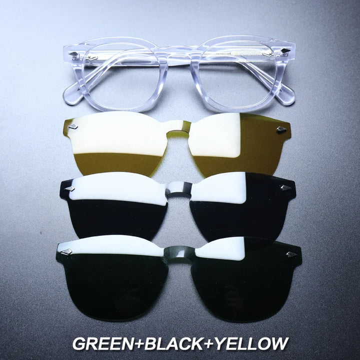Gatenac Unisex Full Rim Round Acetate Optional Clip On Sunglasses 1237 Clip On Sunglasses Gatenac Transparent 3 Clips  